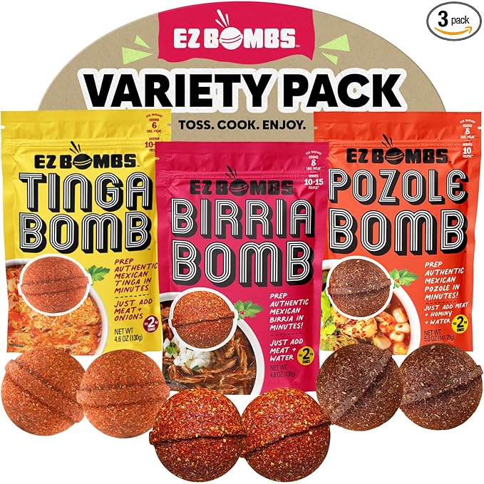 EZ Bombs Variety Pack – Pozole, Tinga & Birria Bomb Seasonings – Authentic Mexican Spice Mix for Tacos, Tortas, Nachos & Pozole Soup – Made with Real Chiles, Herbs & Spices for Quick, Flavorful Meals