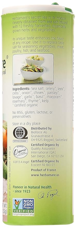 A. Vogel Herbamare Seasoned Sea Salt - USDA Organic - Seasoning Salt Infused with 12 Herbs - 33% Less Sodium - Non-GMO - Gluten Free - Kosher - 4.4 oz