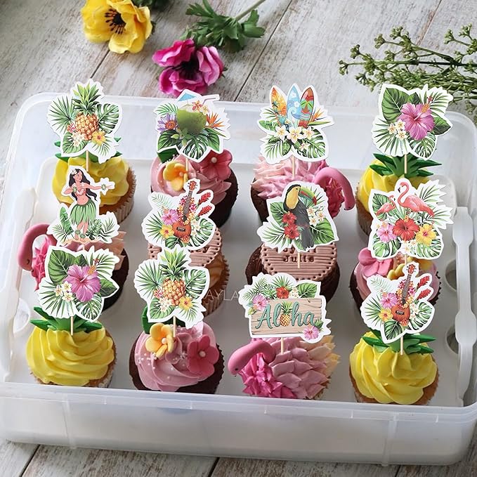 Rsstarxi 36 Pack Tropical Hawaii Cupcake Toppers Tropical Flamingo Guitar Hula Aloha Cupcake Picks for Summer Hawaii Luau Beach Theme Baby Shower Wedding Birthday Party Cake Decorations