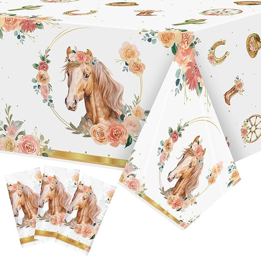 3Pcs Horse Tablecloths Gold Cowgirl Horse Birthday Table Covers, Western Girl Themed Party Decorations Plastic Disposable Rectangular Table Cloth Decor for Kids Birthday Baby Shower