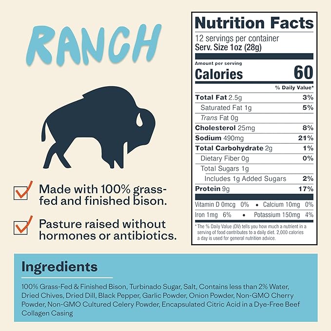 Patagonia Provisions Bison Sticks - Ranch | 100% Grass-Fed, 8g of Protein, 60 Calories | No Artificial Ingredients, Added Flavors, Fillers, or Nitrates | Pack of 12, 1 oz Each