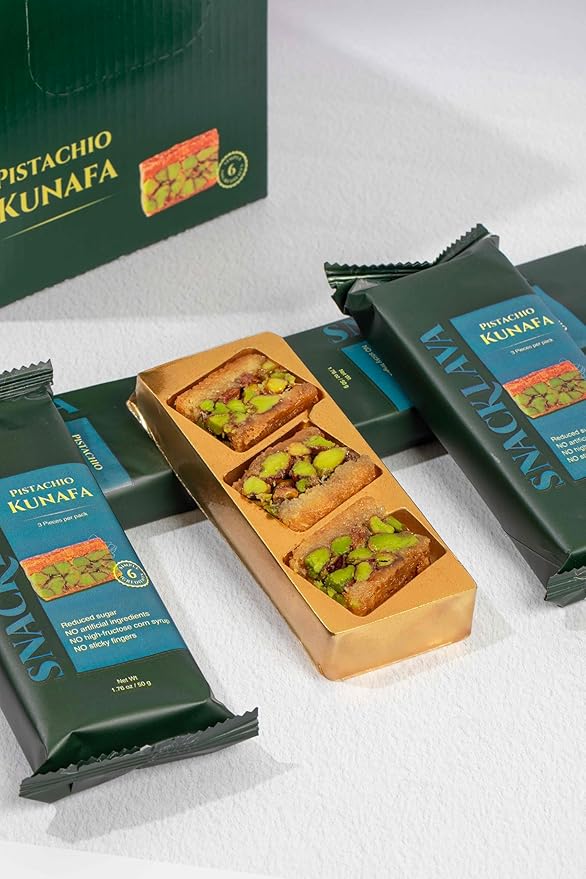 Snacklava Pistachio Kunafa Bites - 20 Pack (3 Pieces per Pack) - No Artifical Ingredients, Colors or Preservatives