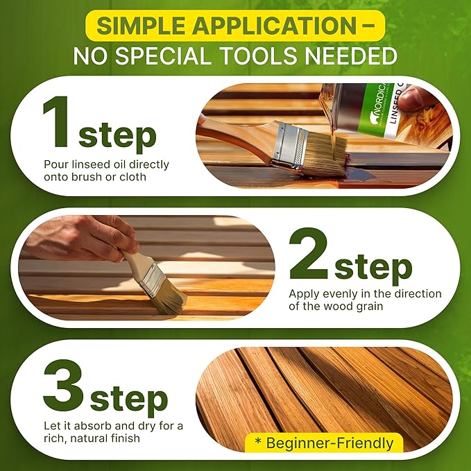 Nordicare Linseed Oil for Wood - 100% Pure & Natural Linseed Oil for Entire Indoor Area - Food-Safe Raw Linseed Oil for Wood Furniture - Underlines the Original Wood Structure - Made in Denmark 16.9oz