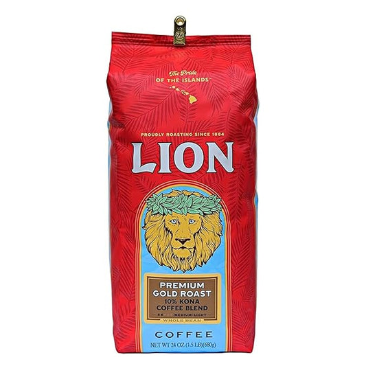 Lion Coffee Premium Gold Roast Whole Bean Coffee, 10% Kona Blend, Medium-Light Roast, A Taste of Aloha - 24 Ounce Bag