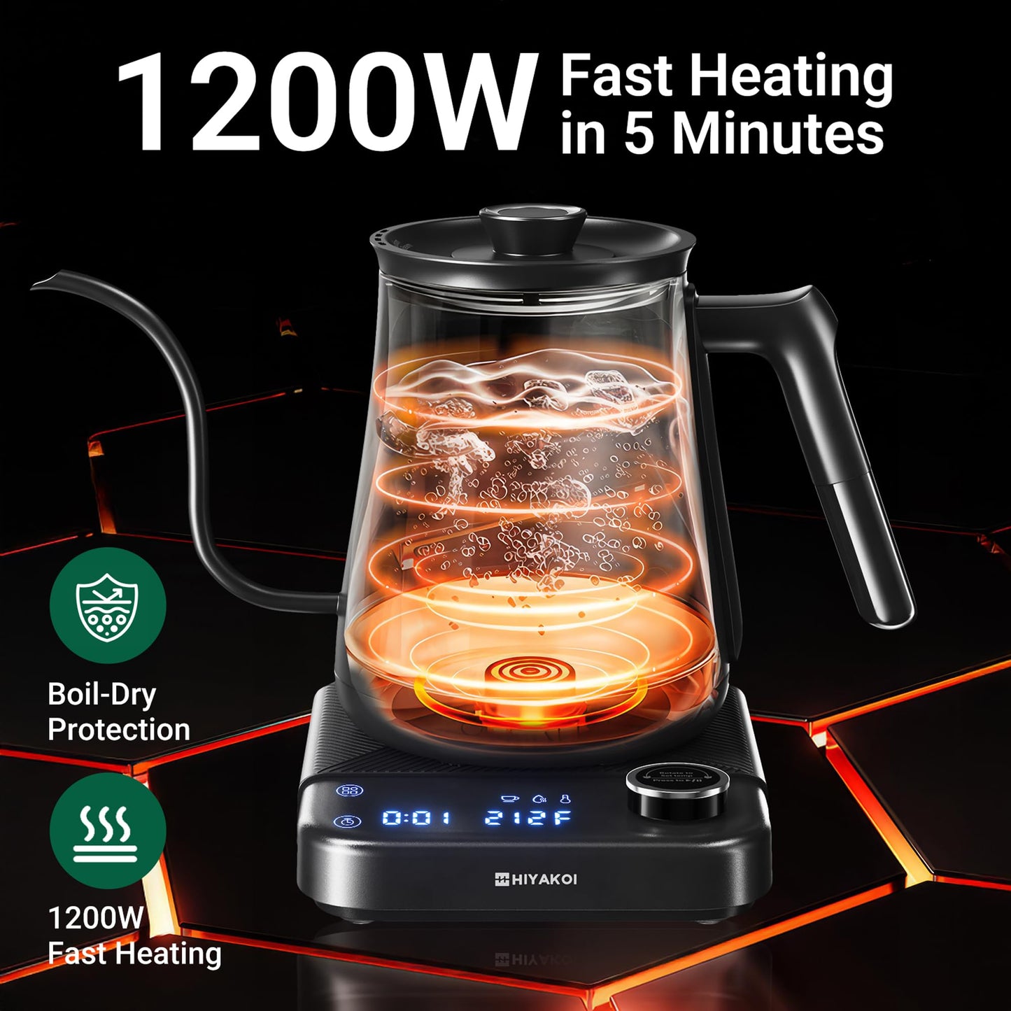 Gooseneck Electric Kettle HIYAKOI with ±1℉ Temperature Control, Pour Over Kettle for Coffee & Tea