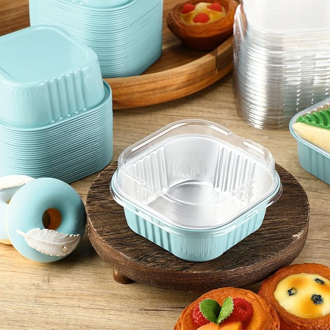Aoriher 150 Pieces 10 oz Mini Cake Pans with Lids Aluminum Foil Baking Cups Square Disposable 4" x 4" Large Cupcake Cups Baking Tins for Kitchen Brownie Pudding Desserts Holders(Light Blue)