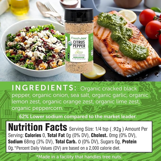 FreshJax Organic Citrus Pepper Seasoning ??5.7 oz | Zesty Lemon Pepper Spice Blend for Chicken, Seafood, Veggies & Salads | Non-GMO, Gluten-Free, Keto, Paleo | No Preservatives