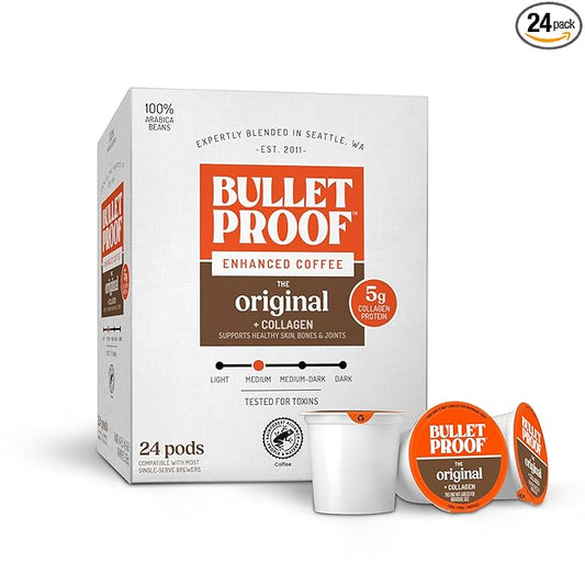 Bulletproof Coffee + Collagen Single-Serve Coffee Pods, 24 Count, Clean Coffee Tested for Toxins, Packaging May Vary