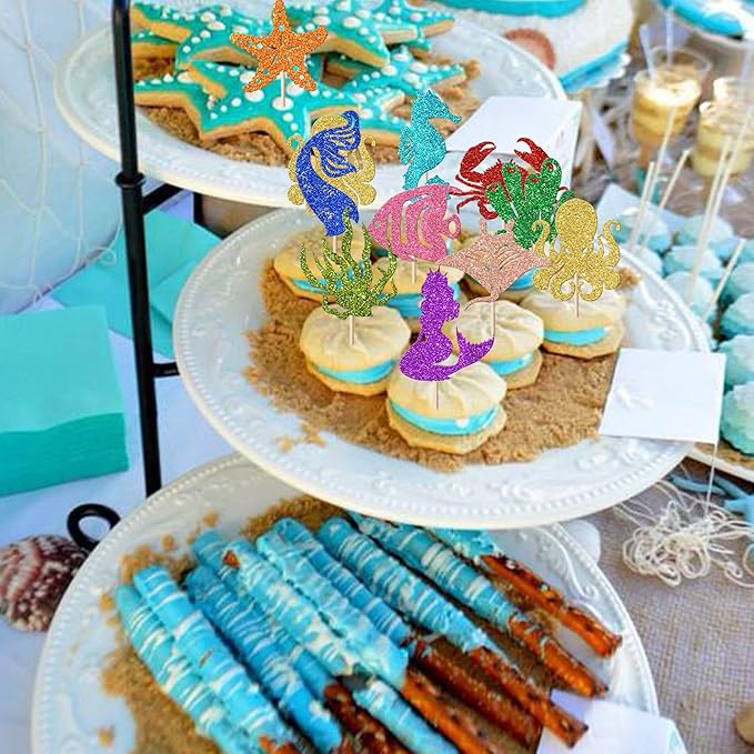 30 Pack Mermaid Cupcake Toppers Glitter Seahorse Starfish Mermaid Tail Cupcake Picks Octopus Jellyfish Mermaid Tail Cupcake Decorations for Baby Shower Under The Sea Birthday Cake Decorations