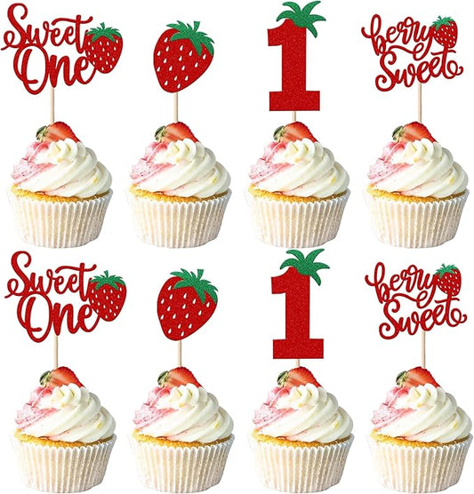 24 Pack Sweet One Cupcake Toppers Glitter First Birthday Strawberry Cupcake Picks for Fruit Baby Shower 1st Birthday Berry Sweet Cupcake Decorations Party Supplies Red