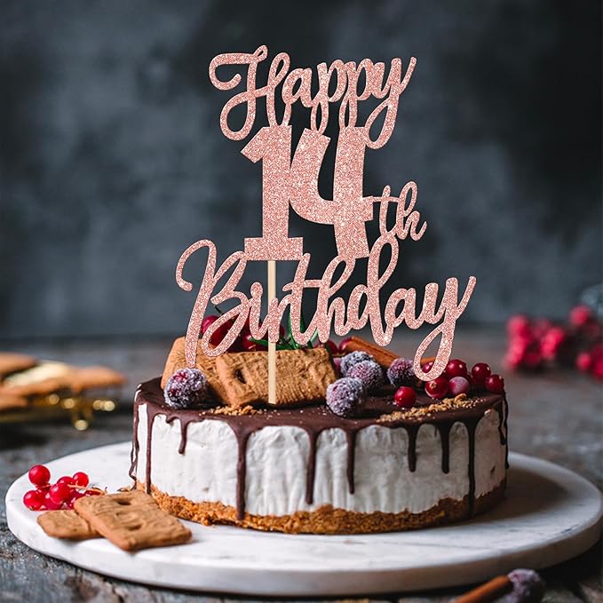 1 PCS Happy 14th Birthday Cake Topper Glitter Cheers to 14 Years Birthday Cake Pick Fourteen Hello 14 Fabulous Cake Decorations for Happy 14th Birthday Anniversary Party Supplies Rose Gold