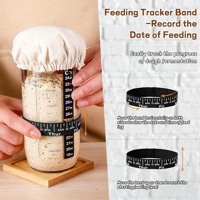 DWTS DANWEITESI Sourdough Starter Jar with Date Marked Feeding Band, Thermometer, Sourdough Fermentation Jar Scraper, Sewn Cloth Cover & Aluminum Lid, Sourdough Starter Kit Reusable(2pcs/24oz)