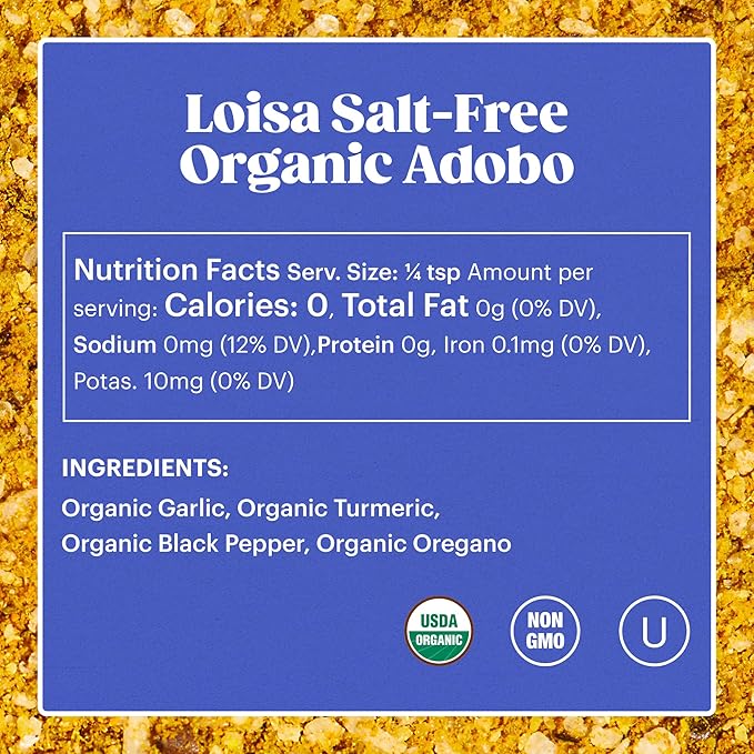 Loisa SALT-FREE Adobo Seasoning, USDA Organic, Non-GMO, No-MSG, No Preservatives, No Artificial Coloring, No Artificial Flavors, Pure Latin Flavor, 2 oz, Pack of 1