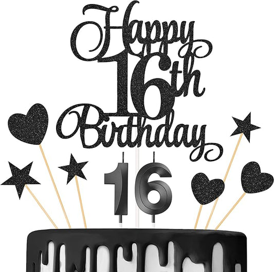 16th Birthday Cake Decorations, 16th Birthday Candles Cake Numeral Candles and Glitter Happy 16th Birthday Cake Toppers Set for Birthday Party Supplies (Black)
