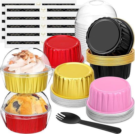 Mini Cake Pans with Lids and Spoons (40 Pack,Mixed,5oz) Round Disposable Ramekins - Sturdy Aluminum Foil Cupcake Liners with Lids for Dessert and Party