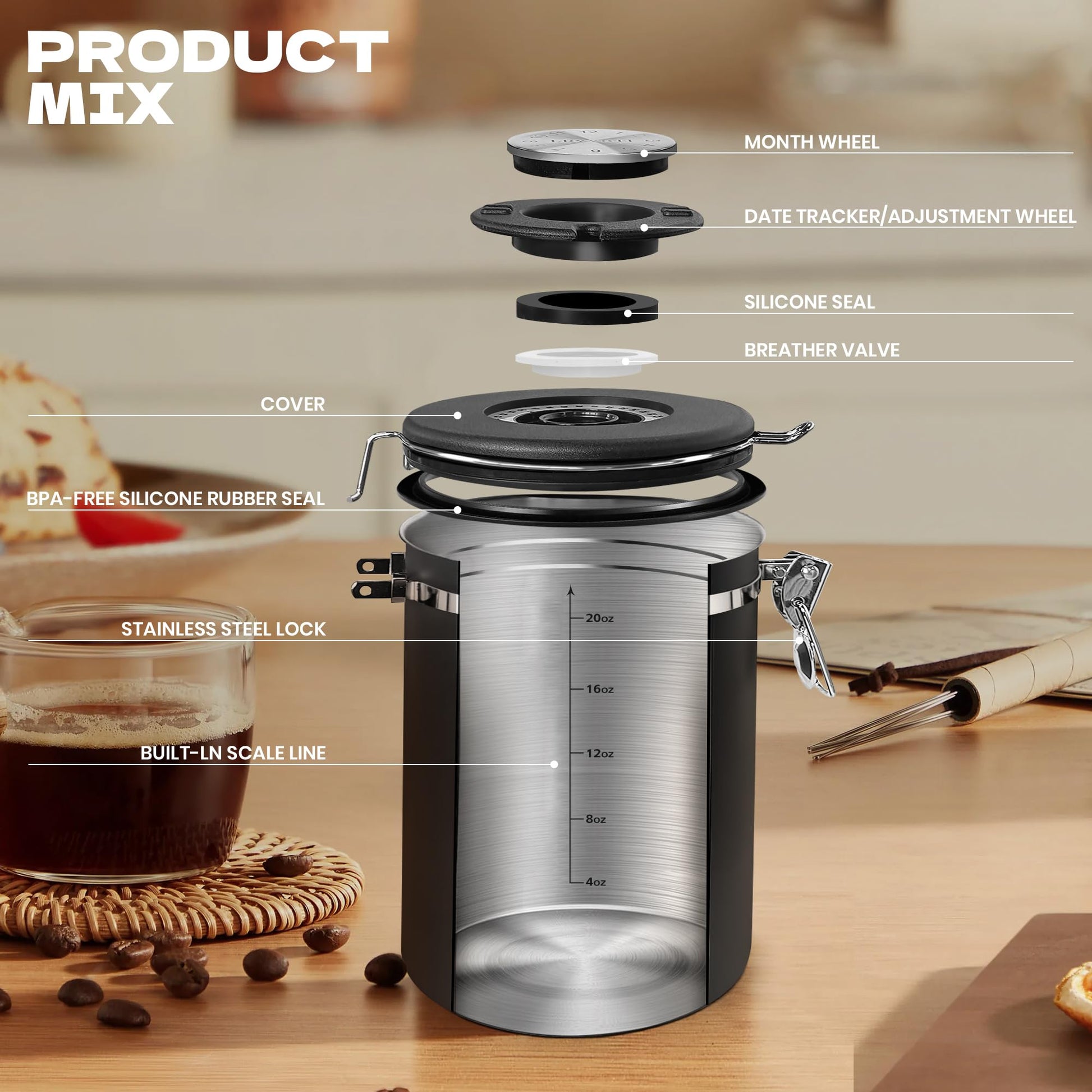 LRYYBTI Coffee Canisters with Window,Airtight Coffee Container，22oz