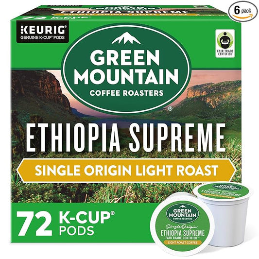 Green Mountain Coffee Ethiopia Supreme Keurig Single-Serve K Cup Pods, Light Roast Coffee, Ethiopia Supreme, 72 Count