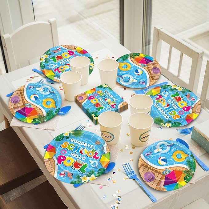 96Pcs Goodbye School Hello Pool Plates and Napkins End of School Year Party Decorations School's Out Pool Dessert Disposable Plates Summer Tableware Set for Graduation Preschool Party Supplies