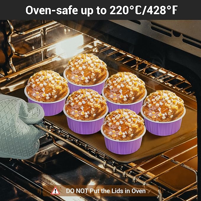 EUSOAR Baking Cups Aluminum Foil, 5oz 50pcs Reusable Cupcake Cups with Lids, 3.34"x2.59"x2.35" 125ml Pie Ramekins, Desserts Flans, Creme Brulee Cups, Pudding Jello Cups, Catering Party Favor-Lavender