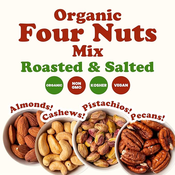 Food to Live Organic Four Nuts Mix, 8 Ounces ??A Blend of Dry Roasted Pistachios, Almonds, Pecans, Cashews, and Almonds with Himalayan Salt, Trail Mix. Non-GMO, Vegan, Kosher, Bulk