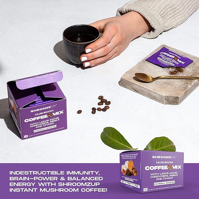 Shroomzup Mushroom Coffee Instant - 15 Single Serve Packets with 4 Mushrooms - Lion’s Mane, Reishi Chaga Cordyceps - Vegan Nootropic Coffee for Energy