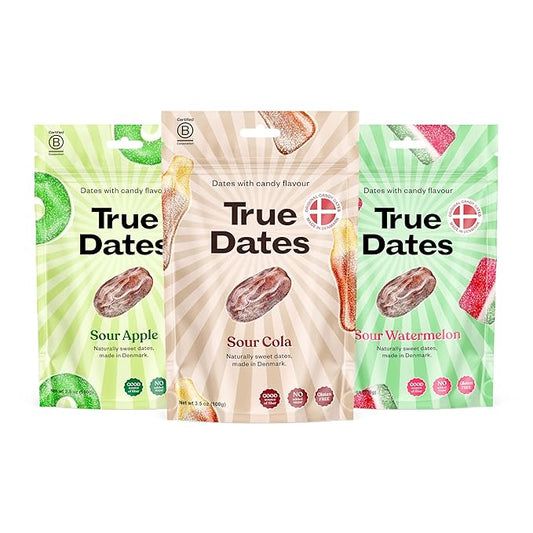 Candy Dates, Sour Flavor Variety, 3-3.5 Ounce Bags (Sour Apple, Sour Cola, Sour Watermelon) - Dates With Candy Flavor, Vegan, No Added Sugar, Gluten Free