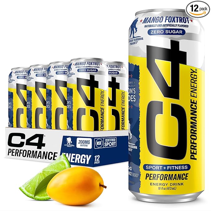 Cellucor C4 Performance Energy Drink | Zero Sugar Carbonated Preworkout Energy | 200mg Caffeine with Beta Alanine | Mango Foxtrot | 16 Fl Oz (12 Pack)