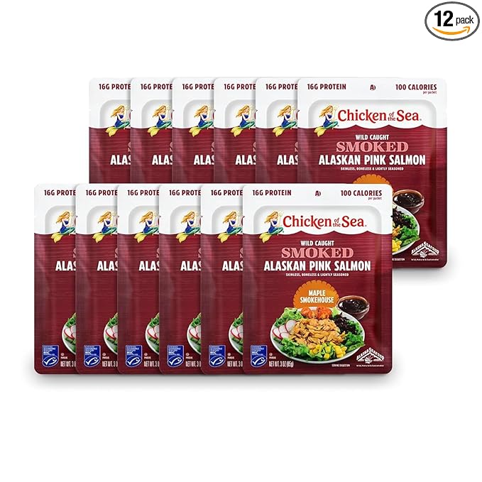 Chicken of the Sea Smoked Alaskan Pink Salmon, 3 oz. Packets (Box of 12), Wild Caught Salmon, Maple Smokehouse