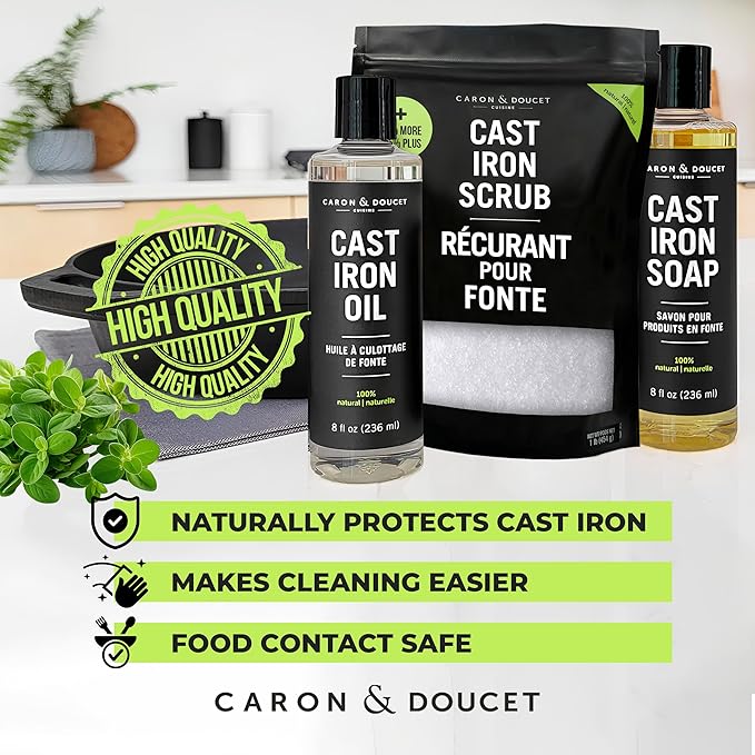 CARON & DOUCET ??Ultimate Cast Iron Set PLUS: Seasoning Oil, Cleaning Soap & Restoring Scrub | 100% Plant-Based & Best for Cleaning Care, Washing, Restoring & Seasoning Skillets, Pans & Grills!
