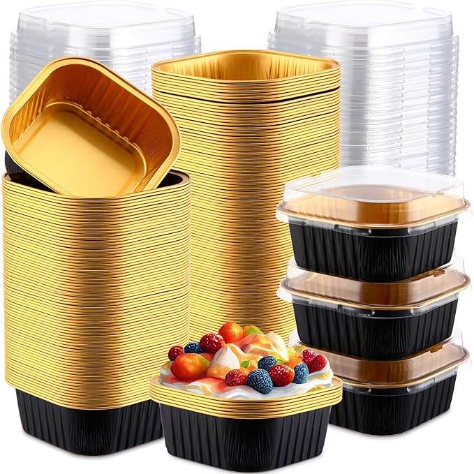 Aoriher 300 Pieces 10 oz Mini Cake Pans with Lids, Aluminum Foil Baking Cups, Square Disposable Cupcake Cups Baking Tins for Wedding Birthday Party Supplies(Black, Gold)