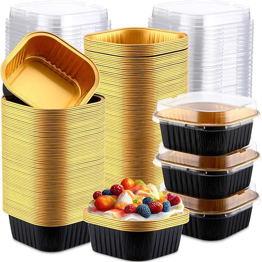 Aoriher 300 Pieces 10 oz Mini Cake Pans with Lids, Aluminum Foil Baking Cups, Square Disposable Cupcake Cups Baking Tins for Wedding Birthday Party Supplies(Black, Gold)