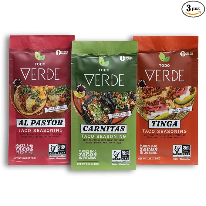 Taco Seasoning Packets - Todo Verde Mexican Seasoning Mix | Chef Curated Taco Blends with Black Garlic | Al Pastor, Carnitas, Tinga Variety Pack | Vegan, Gluten Free, Preservative Free (3 Pack)