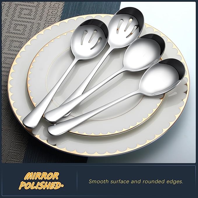4-Piece Serving Spoons Set - Includes 2 Serving Spoons and 2 Slotted Spoons, Large Cutlery for Catering Buffet, Mirror Polished, Dishwasher Safe, 8.7 Inches