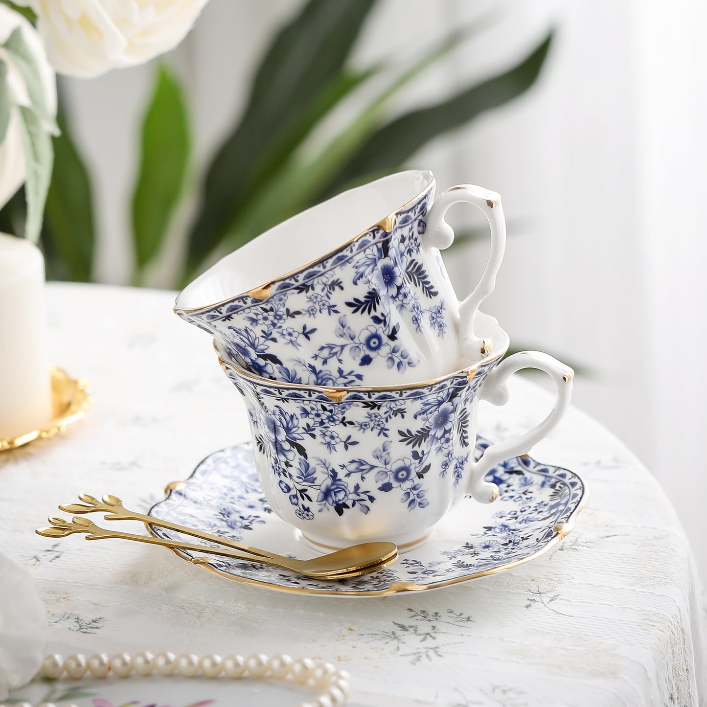 TATSUMI Country Roses Bone China Tea Cup and Saucer Set, 6 Pieces, Vintage Style, For Women and Tea