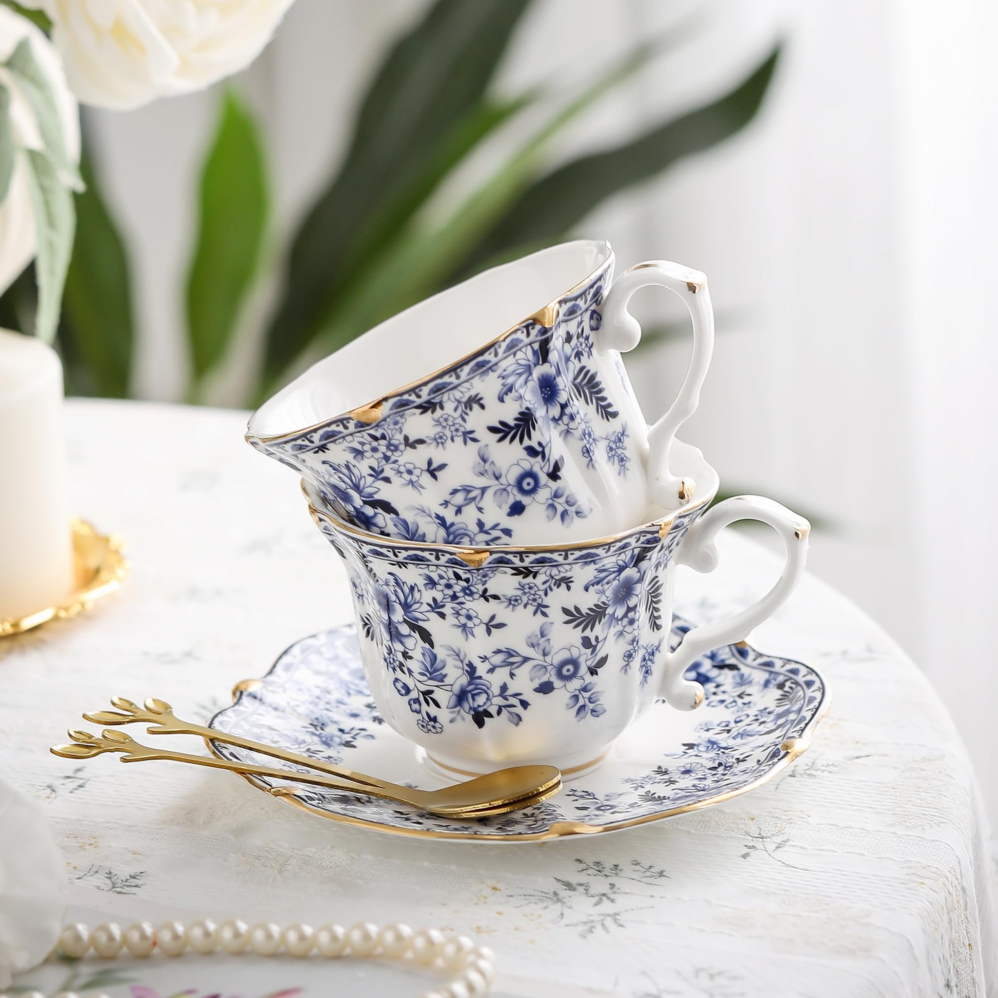 TATSUMI Country Roses Bone China Tea Cup and Saucer Set, 6 Pieces, Vintage Style, For Women and Tea