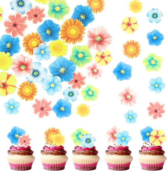 80 Pack Edible Flower Cupcake Toppers Wafer Paper Flower Cake Picks for Bridal Engagement Baby Shower Wedding Birthday Party Cake Decorations Supplies Colorful