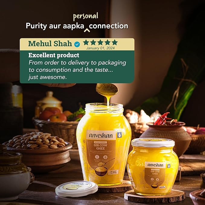 Anveshan A2 Gir Cow Desi Ghee Clarified Butter 33 Fl. Oz/1000mL | Grass-Fed | Pasture-Raised | Traditional Curd-Churned Bilona Method| Ayurveda Superfood | Rich Aroma