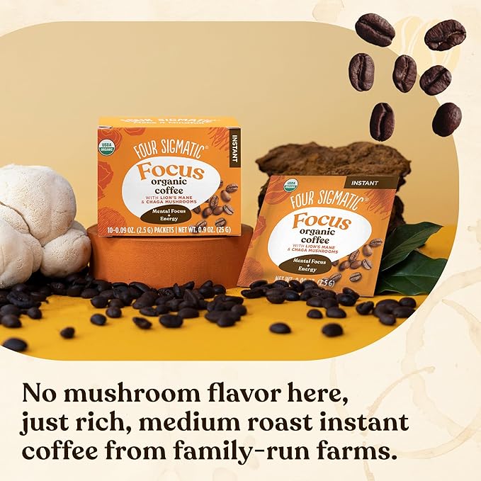 Four Sigmatic Focus Organic Mushroom Coffee | Instant Mushroom Coffee Mix with Lion's Mane, Chaga and Rhodiola for Better Focus and Immune Support | 10 Packets