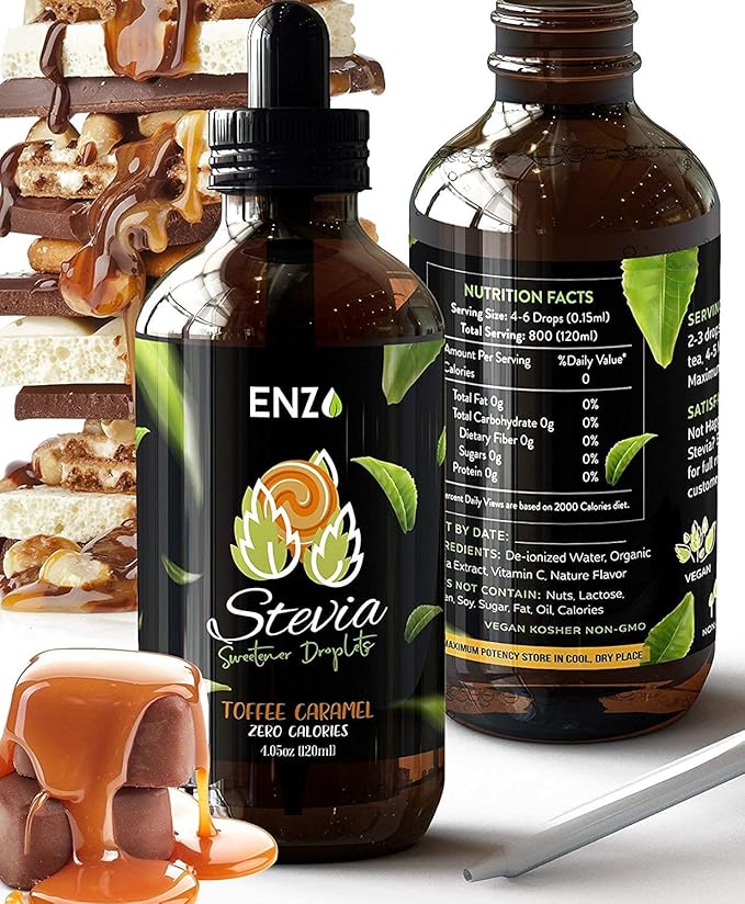 Enzo Liquid Stevia Drops Our Zero Calories Sweetener (4oz - 800 Servings/Bottle) - Toffee Caramel - All Natural flavoring with No Artificial Additives & Filler Ingredient