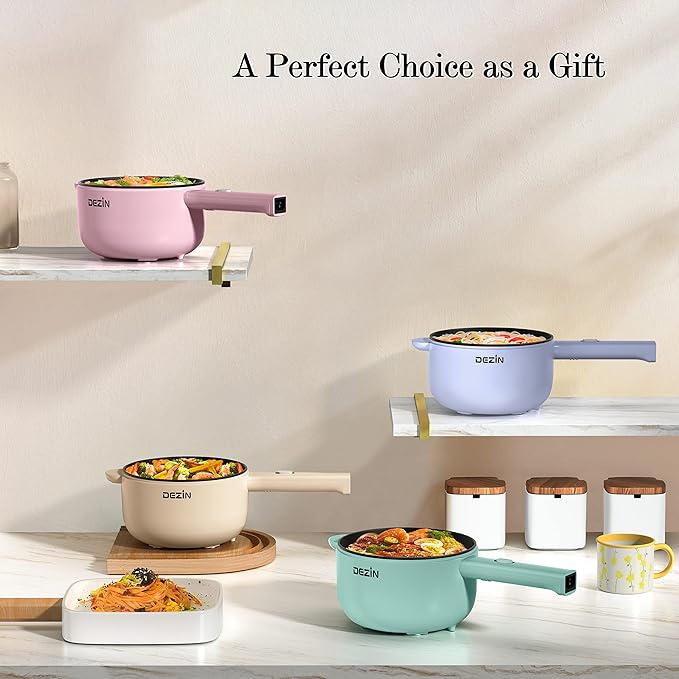 Dezin Electric Cooker, 2L Non-Stick Saut챕 Pan, Rapid Noodles Cooker, Mini Pot for Steak, Egg, Fried Rice, Ramen, Oatmeal, Soup with Power Adjustment, College Dorm Room Essential