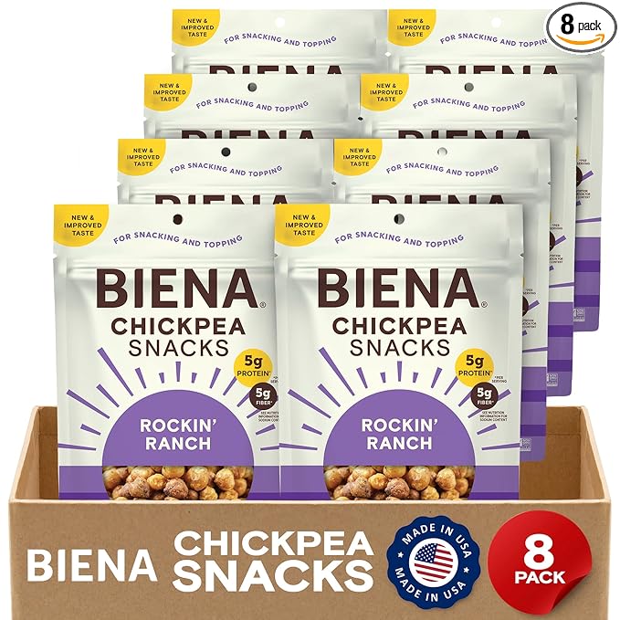 BIENA Chickpea Snacks - Crunchy Roasted Chickpeas - High Fiber Vegan Protein Snacks for Adults and Kids - 8-Pack, 5 Ounce Bags - Rockin??Ranch