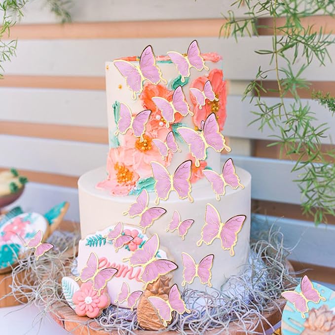 30PCS Butterfly Cake Toppers 3D Purple Gold Butterfly Cupcake Toppers Birthday Party Cake Decorations Supplies for Anniversary Wedding Party Baby Shower Wall Decor