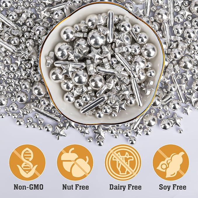 Twisweet Silver Pearl Rods Star Sprinkles, Edible Sugar Sprinkles for Cake Decorating, Mix Size Candy Pearls for Baking Cake Topper Ice Cream Cupcake Cookie Dessert Decorations, Wedding Valentines Birthday Christmas Easter Supplies (130g/4.58oz)