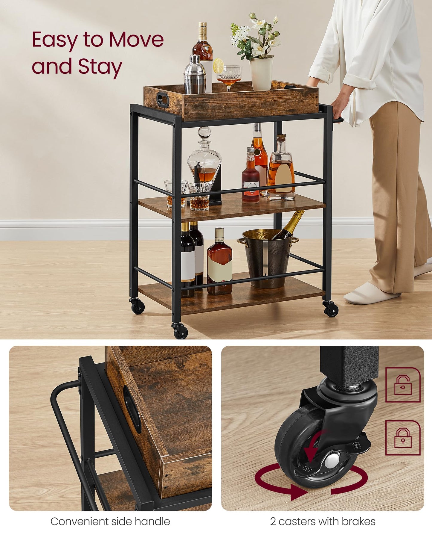 VASAGLE Kitchen Serving Cart with Removable Tray, 3-Tier Kitchen Utility Cart on Wheels with