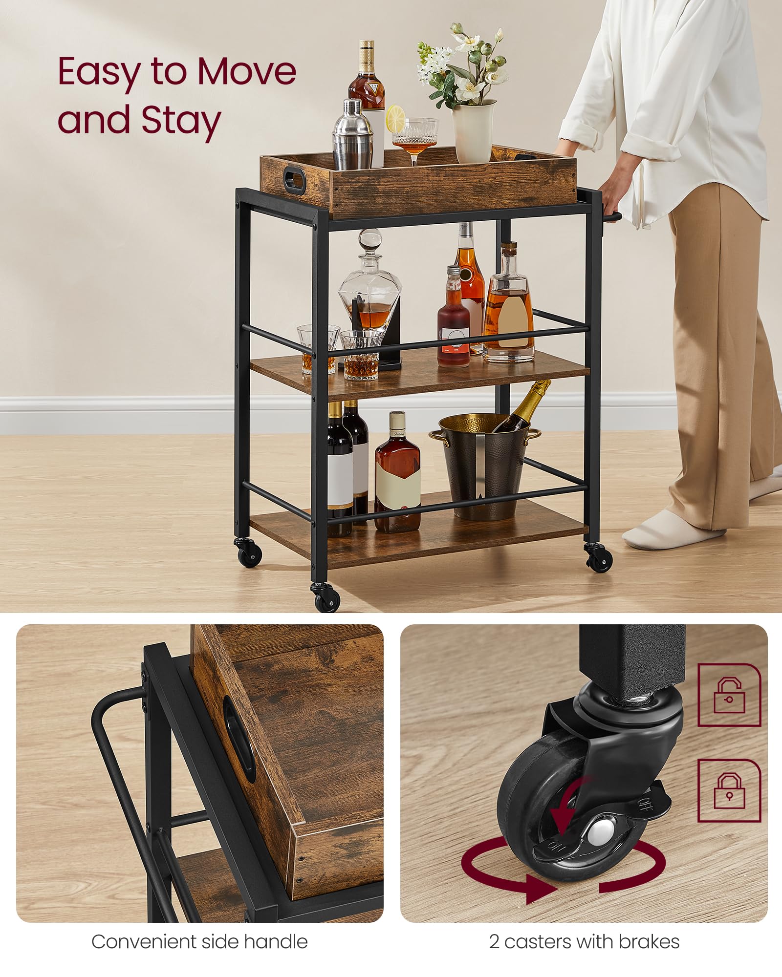 VASAGLE Kitchen Serving Cart with Removable Tray, 3-Tier Kitchen Utility Cart on Wheels with