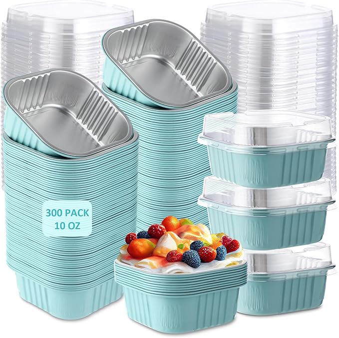Aoriher 300 Pieces 10 oz Mini Cake Pans with Lids, Aluminum Foil Baking Cups, Square Disposable Cupcake Cups Baking Tins for Wedding Birthday Party Supplies(Light Blue)