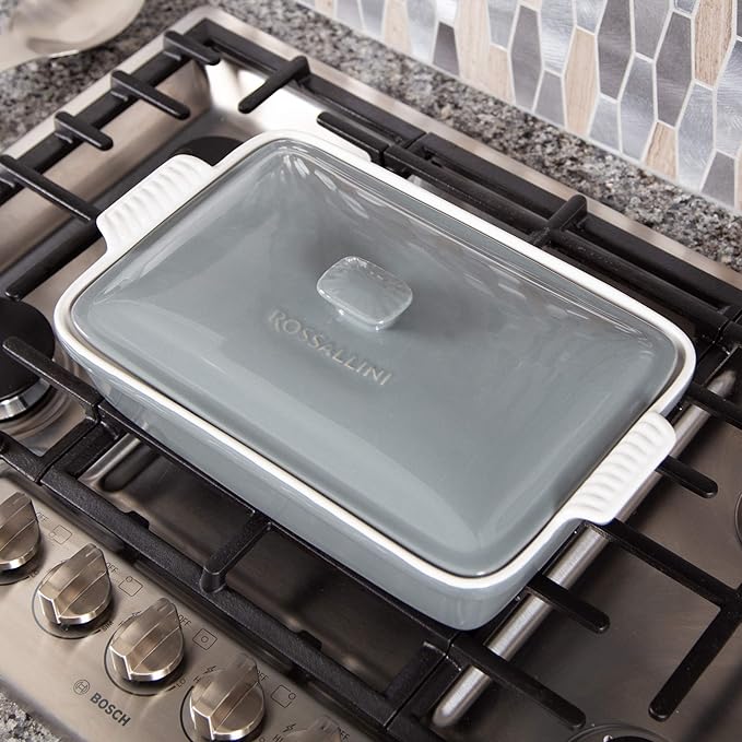Stoneware Casserole Dish Bakeware Set with Lid, Covered Rectangular Dinnerware, Large 3.2 Quart, 11 by 9 Inch, Grigio [Grey]