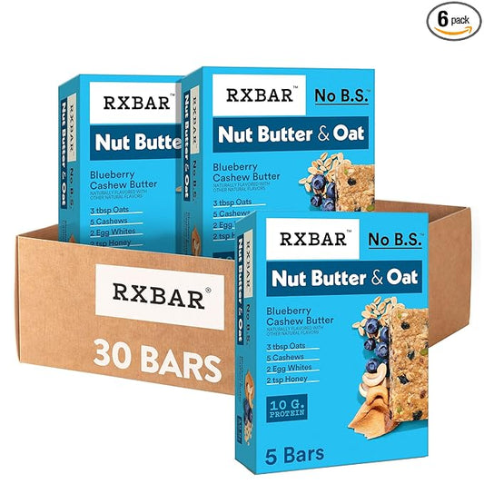 RXBAR Nut Butter and Oat Protein Bars, Protein Snacks, Snack Bars, Blueberry Cashew Butter (6 Boxes, 30 Bars)