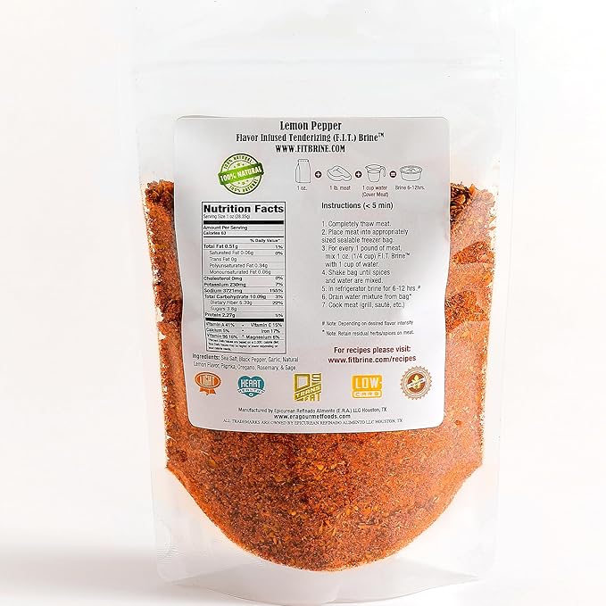 FIT Brine - Lemon Pepper, 8oz | Premium Meat Tenderizer & Seasoning | Infuses Fresh, Authentic Flavor | All-Natural, Easy-to-Use for Chicken, Turkey, Lamb, Seafood & More! Quality Made in Texas.