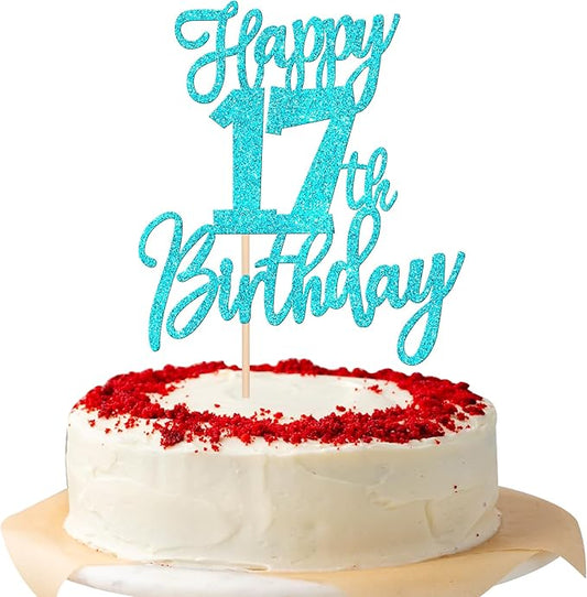 1 PCS Happy 17th Birthday Cake Topper Glitter Cheers to 17 Years Birthday Cake Pick Seventeen Hello 17 Cake Decoration for Happy 17th Birthday Anniversary Theme Party Decorations Supplies Blue